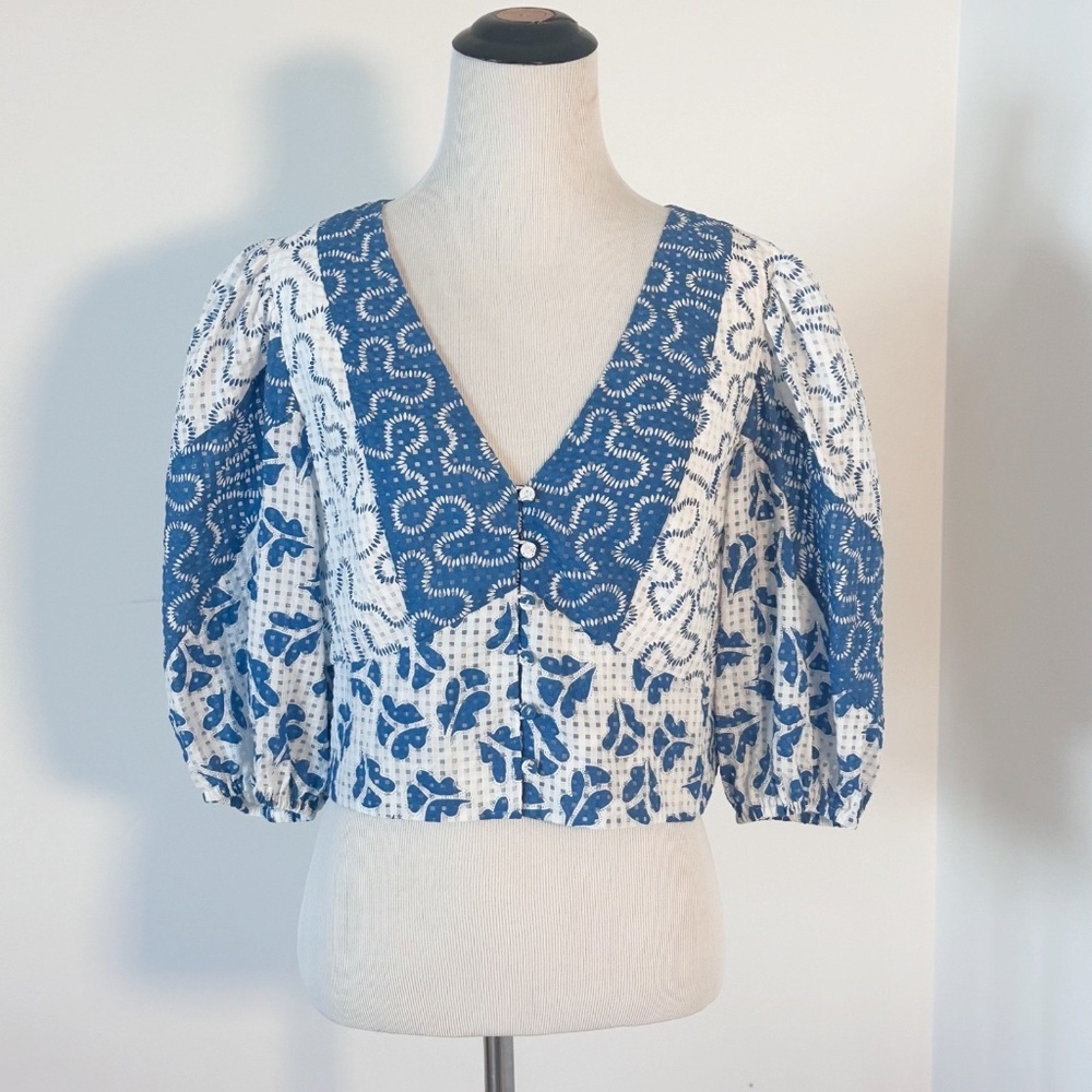 REBECCA TAYLOR Women’s 8 Blue Crop Top Puff Sleeve Coquette Modern Preppy